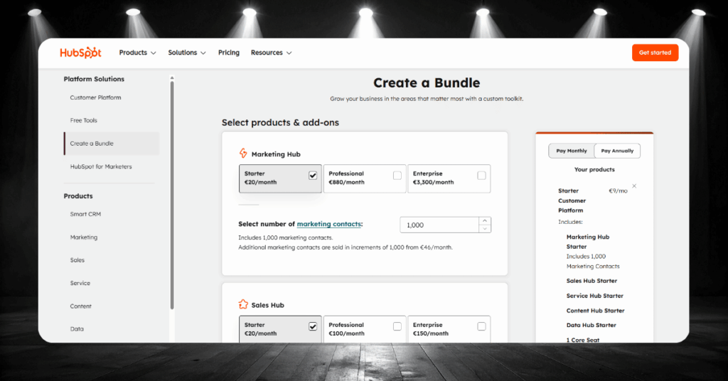 HubSpot Create a Bundle page showing Marketing Hub and Sales Hub tiers with per-month pricing in euros