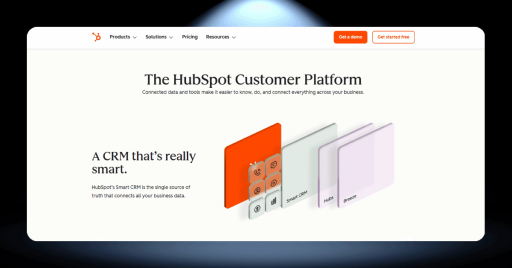 HubSpot Customer Platform overview with Smart CRM, Hubs, and Breeze layers illustrated as stacked cards
