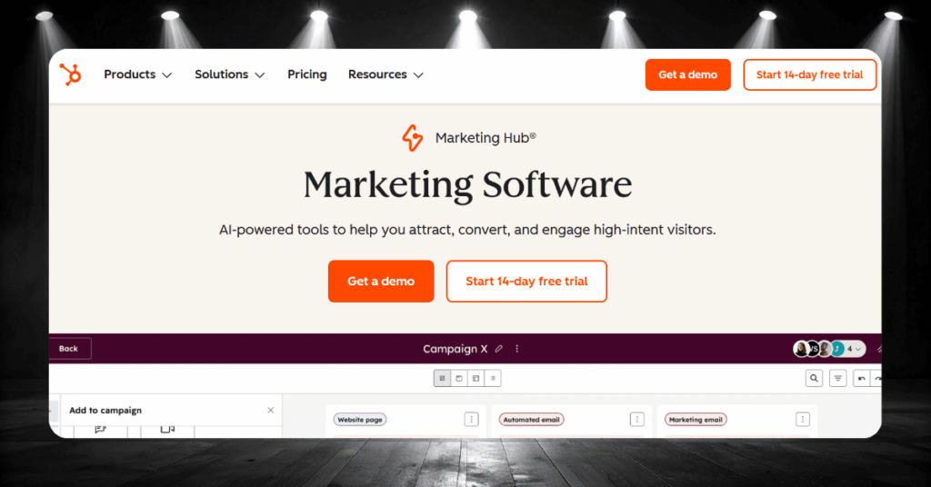 HubSpot Marketing Hub software page with AI-powered tools for campaign management and lead conversion