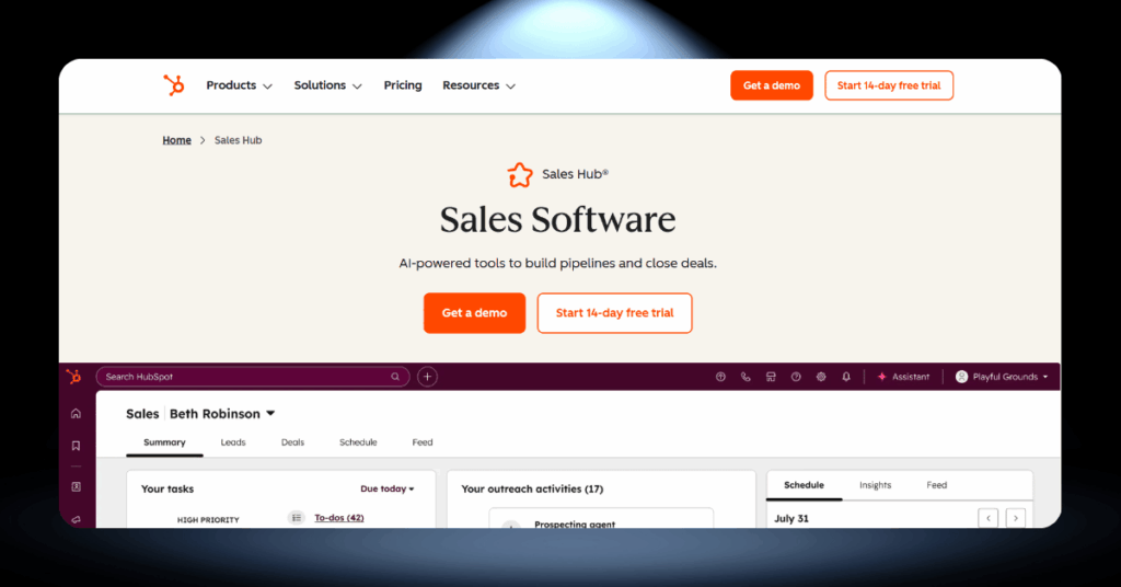 HubSpot Sales Hub software page with AI-powered pipeline tools and sales rep task dashboard view