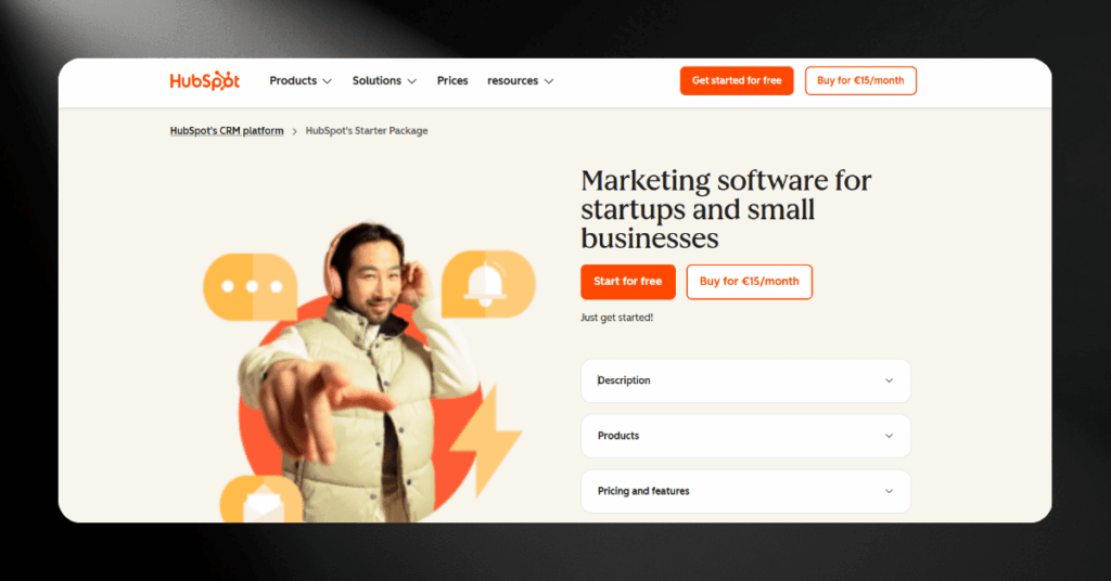 HubSpot Starter Package page promoting marketing software for startups and small businesses at 15 euros monthly