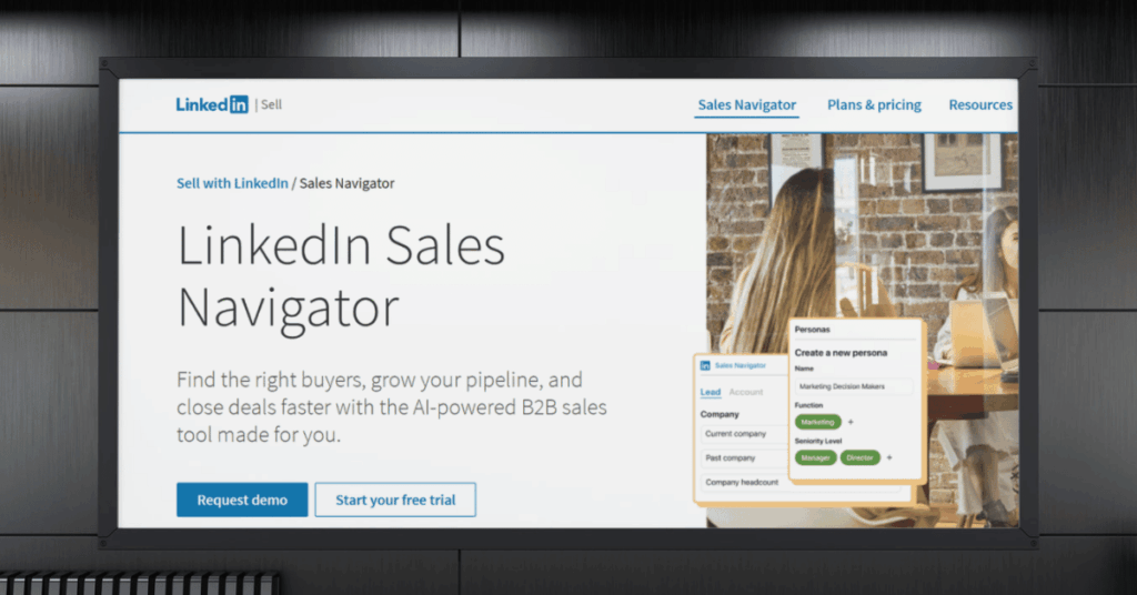 LinkedIn Sales Navigator portal with persona builder tools for finding and tracking B2B buyers across industries