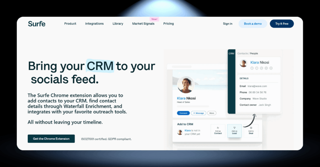 Surfe Chrome extension overlaying Pipedrive CRM data directly on a LinkedIn profile page