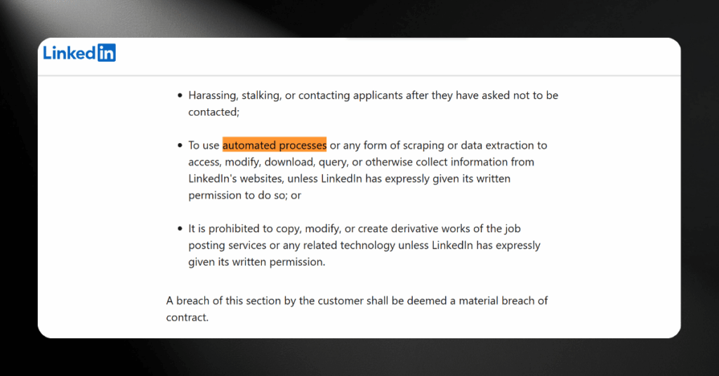 LinkedIn terms of service page highlighting restrictions on automated processes and unauthorized data scraping tools