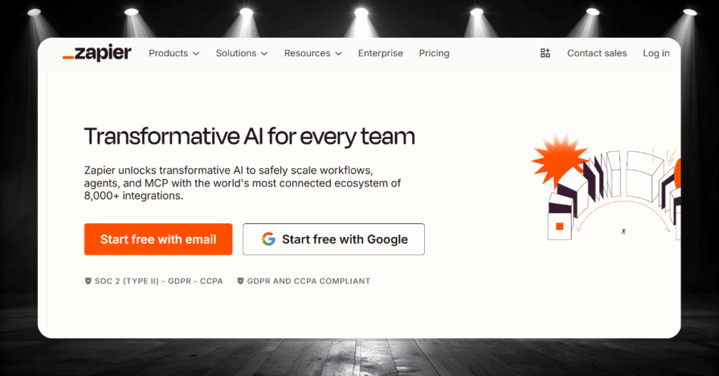 Zapier automation platform interface showing AI-powered workflow tools for connecting LinkedIn leads to Pipedrive