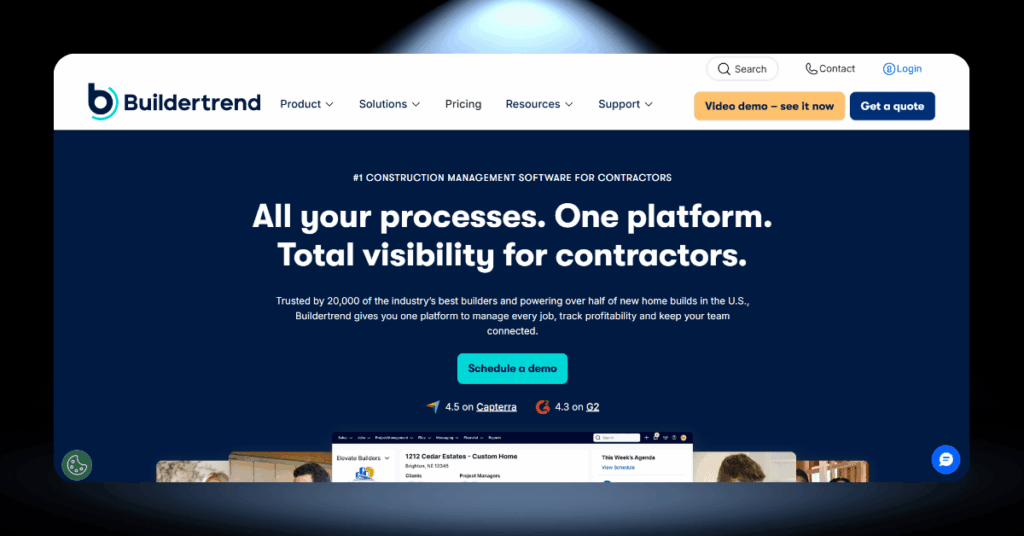 Buildertrend construction management platform page highlighting total process visibility, ratings on Capterra and G2