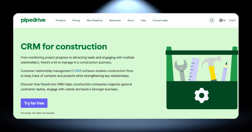 Pipedrive CRM for construction page with a toolbox graphic and text about managing contacts, leads, and contractor relationships