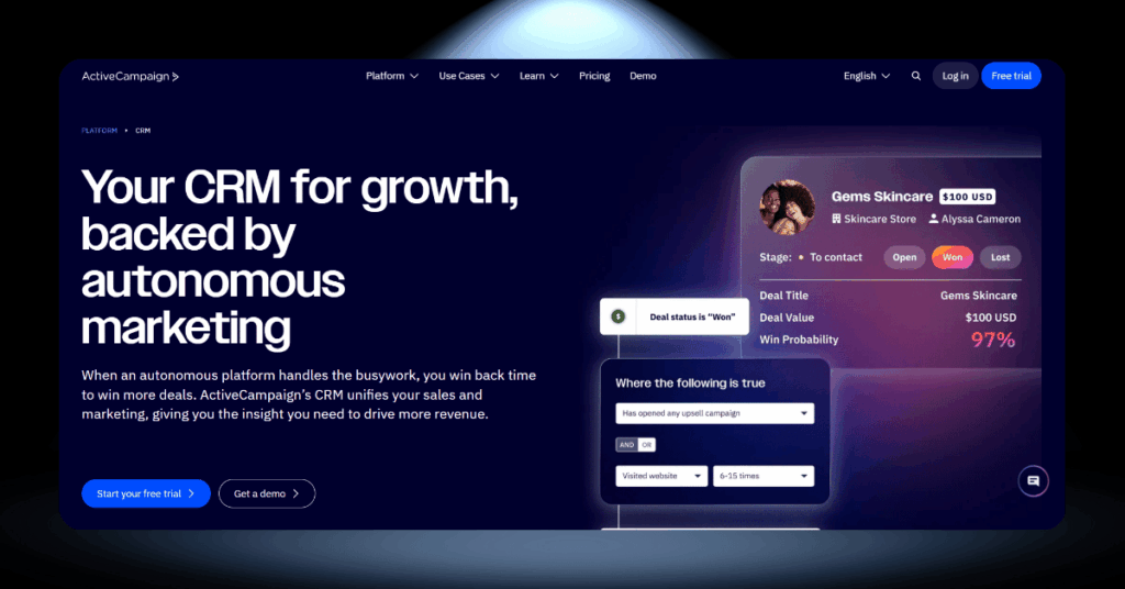 ActiveCampaign CRM page showing autonomous marketing automation, deal tracking, and a 97% win probability score in the dashboard