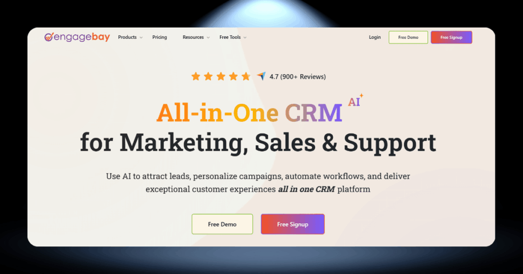 EngageBay all-in-one CRM platform page for marketing, sales, and support with a 4.7 star rating from 900-plus reviews