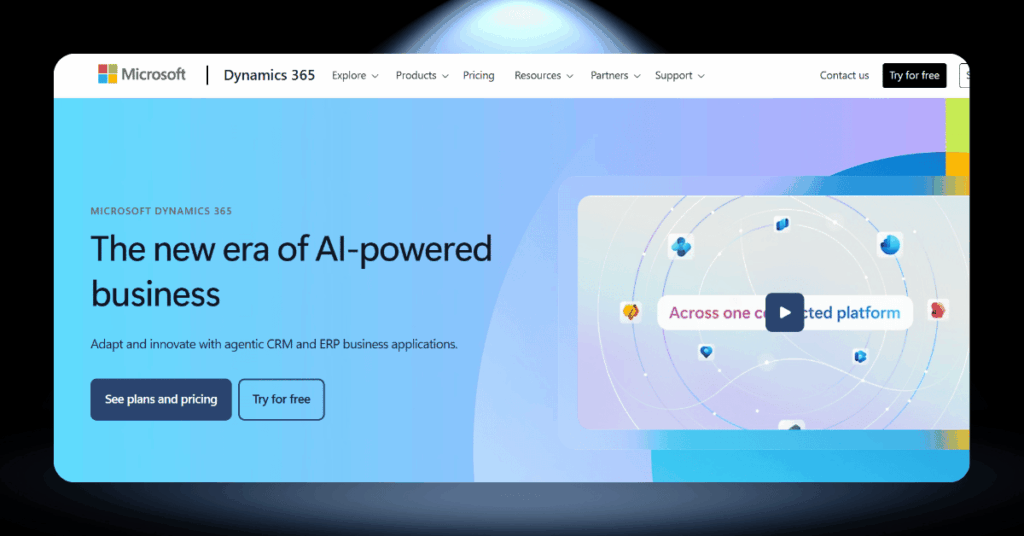Microsoft Dynamics 365 page highlighting AI-powered CRM and ERP business applications on a colorful gradient background