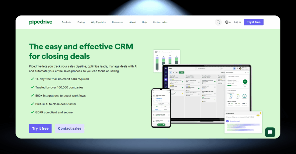 Pipedrive CRM interface displaying pipeline management tools, deal tracking, and built-in AI features on desktop and mobile