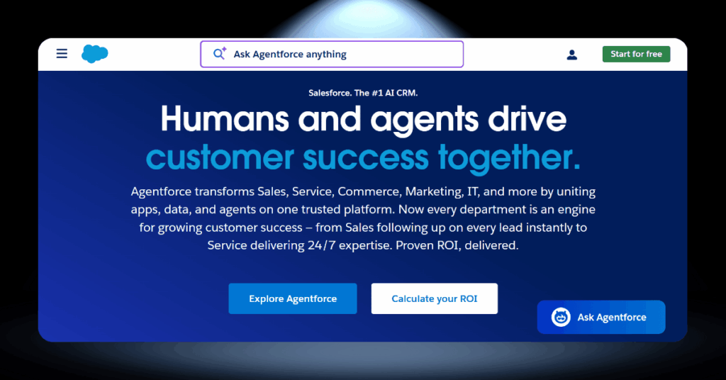 Salesforce Agentforce platform page promoting AI-driven CRM that unites sales, service, and marketing teams