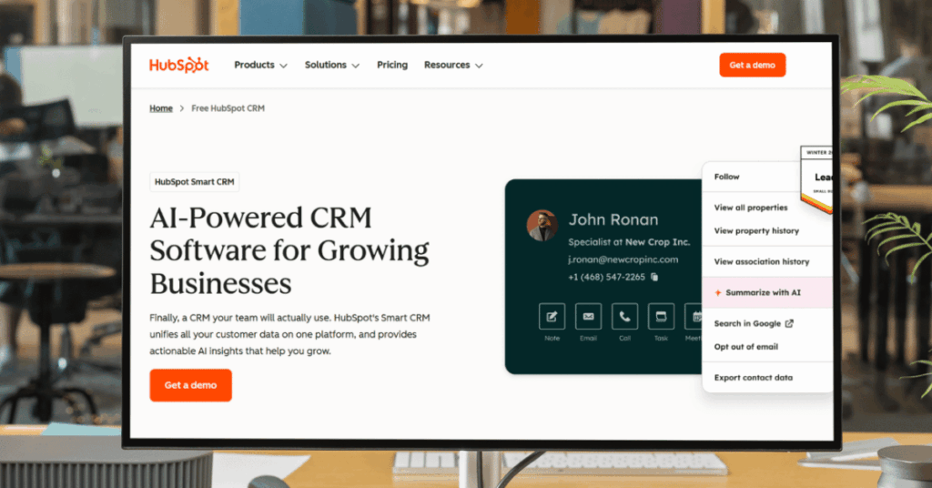 HubSpot Smart CRM product page showing AI-powered features and contact record management tools