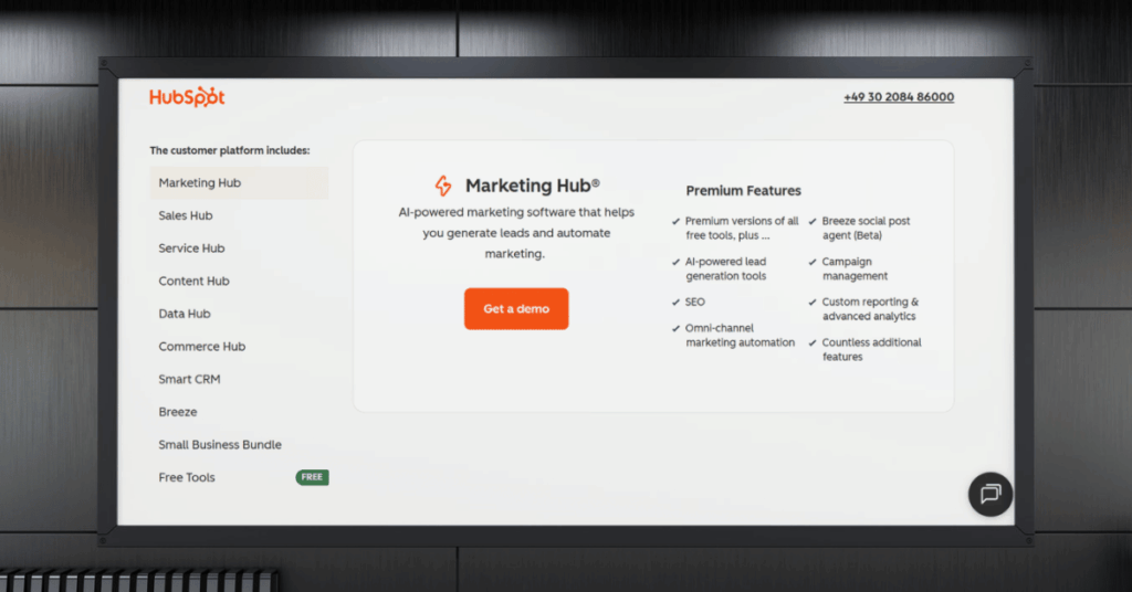 HubSpot platform overview listing all available hubs from Marketing and Sales to Smart CRM and Breeze