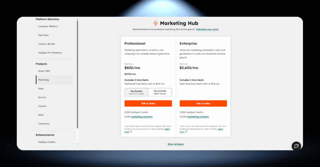 HubSpot Marketing Hub pricing tiers comparing Professional and Enterprise plan costs and features