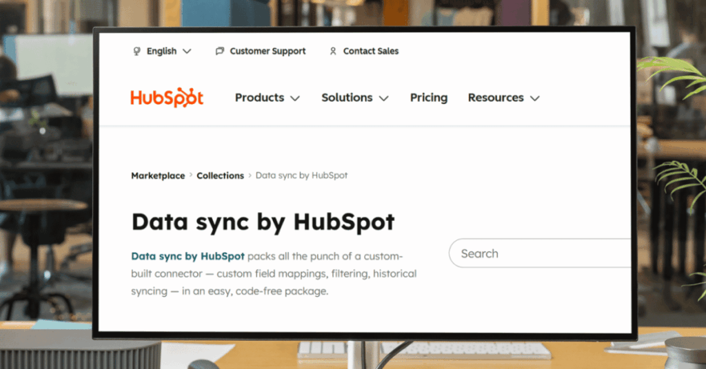 HubSpot Marketplace page for the Data Sync tool with custom field mappings, filtering, and historical syncing