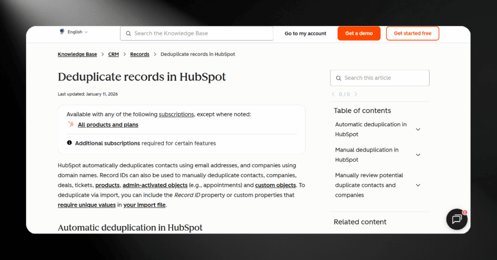 HubSpot Knowledge Base article explaining how to deduplicate records across contacts, companies, and deals