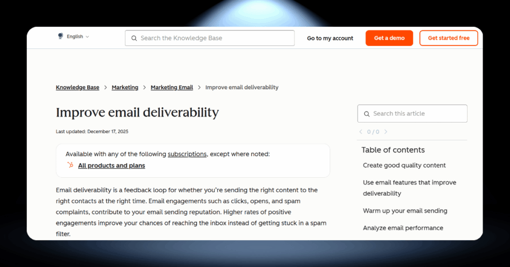 HubSpot Knowledge Base article covering email deliverability tips including content quality and sender warm-up