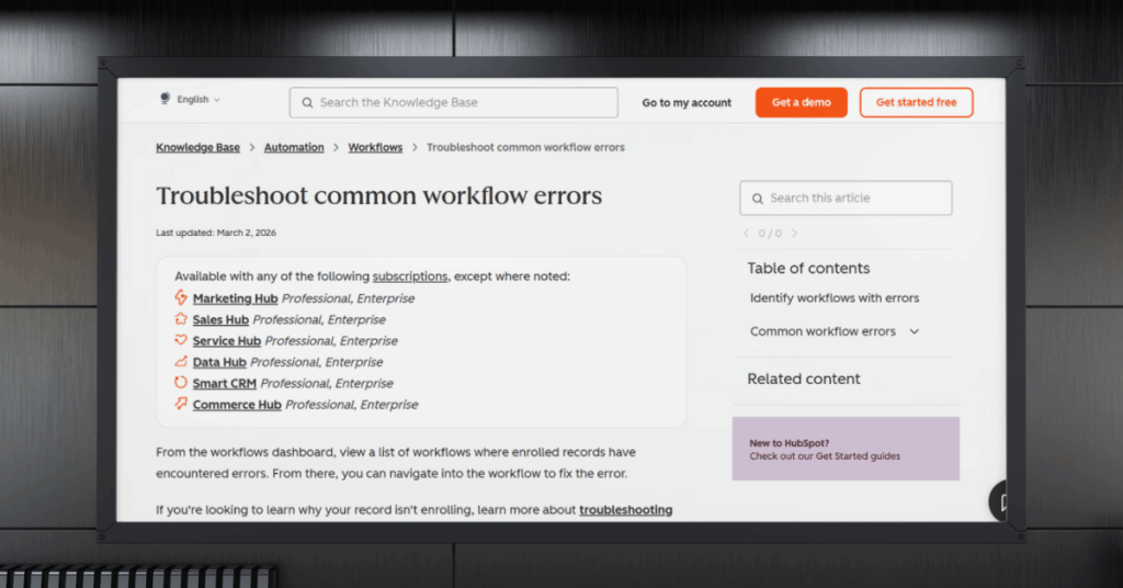 HubSpot Knowledge Base guide for troubleshooting common workflow errors across Marketing, Sales, and Service Hubs