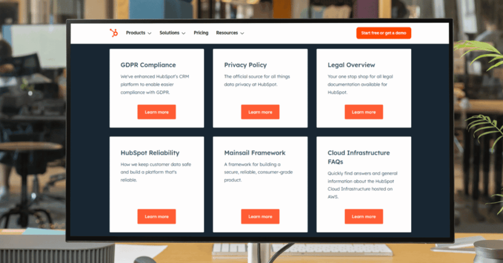 HubSpot Trust Center with sections for GDPR compliance, privacy policy, legal docs, and cloud infrastructure FAQs
