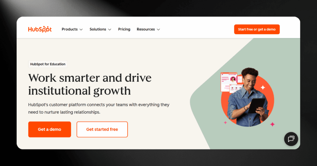 HubSpot for Education page with student holding a tablet and options to get a demo or start for free
