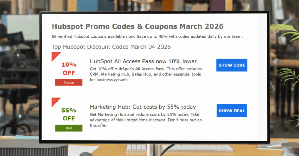 Third-party coupon website listing fake HubSpot promo codes with show code and show deal buttons 