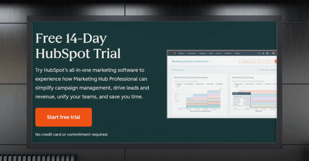 HubSpot free 14-day trial signup page for Marketing Hub Professional with analytics dashboard preview