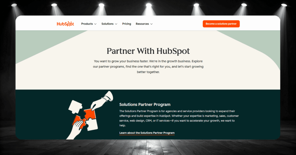 HubSpot Partner With HubSpot page showing the Solutions Partner Program for agencies and service providers 
