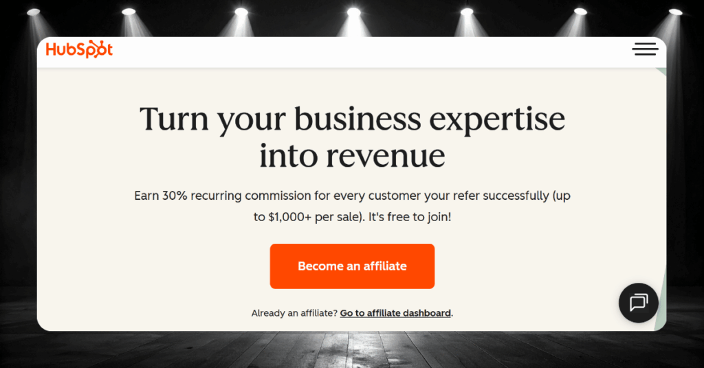 HubSpot affiliate program signup page offering 30% recurring commission with become an affiliate button