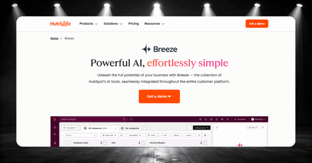 HubSpot Breeze AI suite with company data view, smart filters, and assistant tools for sales and marketing teams