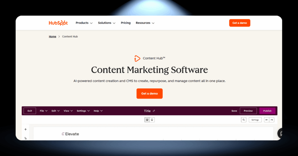 HubSpot Content Hub page editor with drag-and-drop builder, SEO settings, and publish controls for website creation
