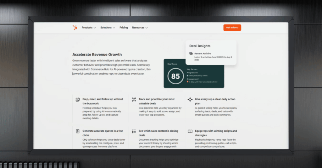 HubSpot Sales Hub deal scoring interface with score breakdown, key factors, and AI-guided selling action plans
