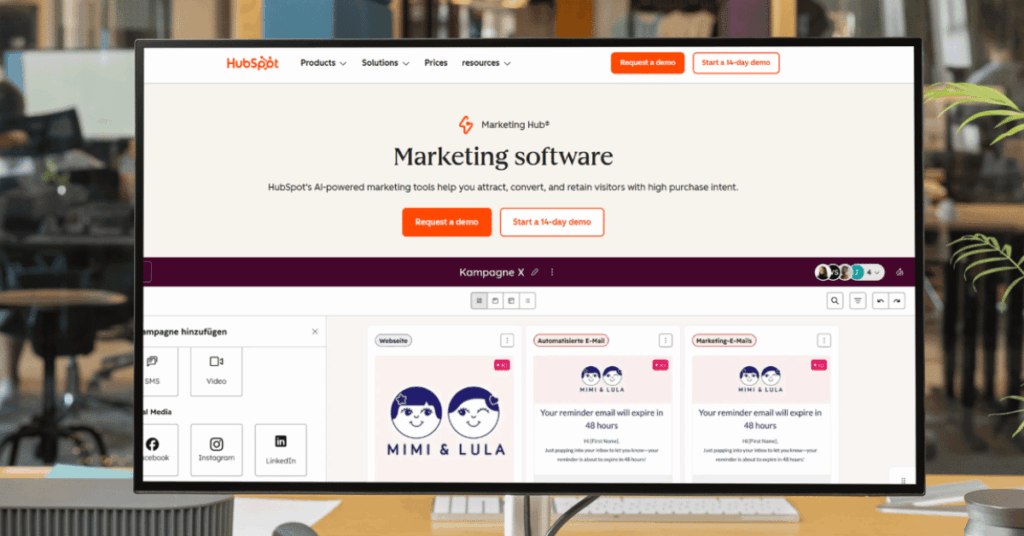 HubSpot Marketing Hub interface with email campaign builder, social media channels, and automation workflow options
