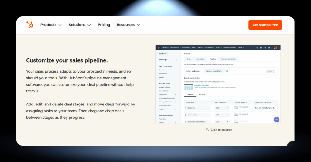 HubSpot pipeline management settings showing custom deal stages, board configuration, and record customization options