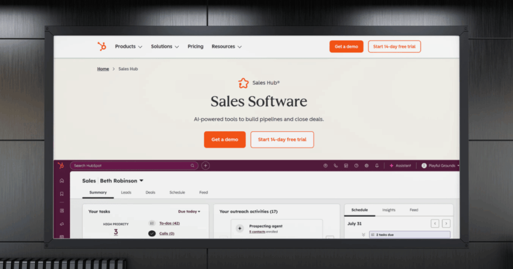 HubSpot Sales Hub dashboard displaying rep tasks, outreach activities, deal pipeline, and scheduling tools
