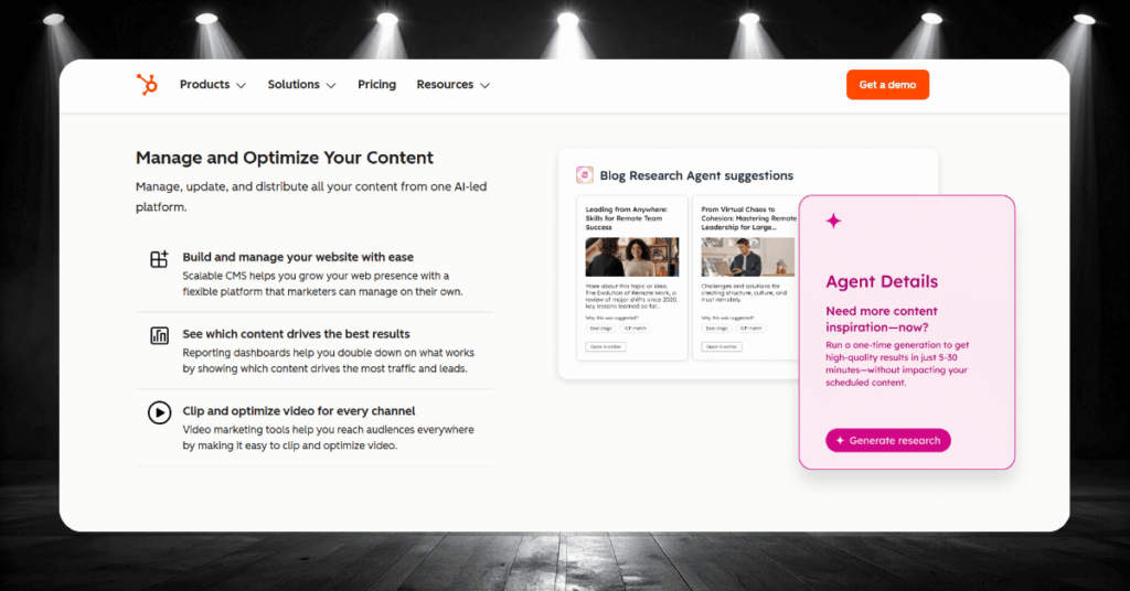 HubSpot Content Hub with blog research agent, content management tools, and personalized agent detail suggestions