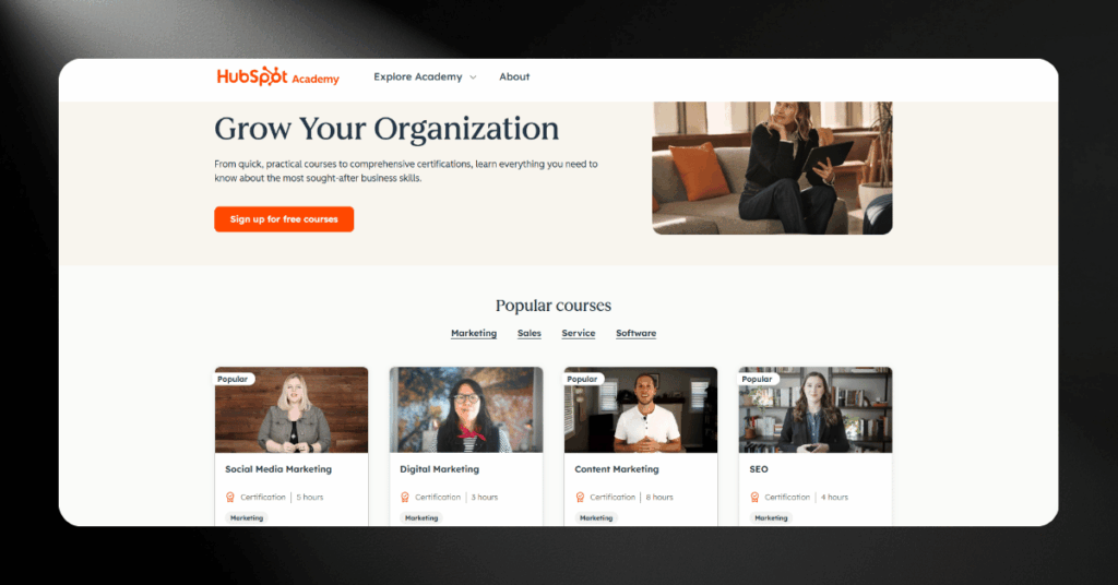 HubSpot Academy course library with popular certifications in social media, digital marketing, content, and SEO