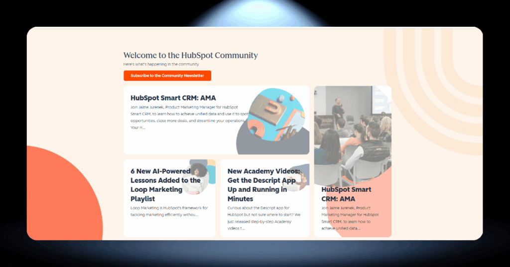 HubSpot Community forum showing AMA sessions, AI-powered marketing lessons, and app tutorial resources