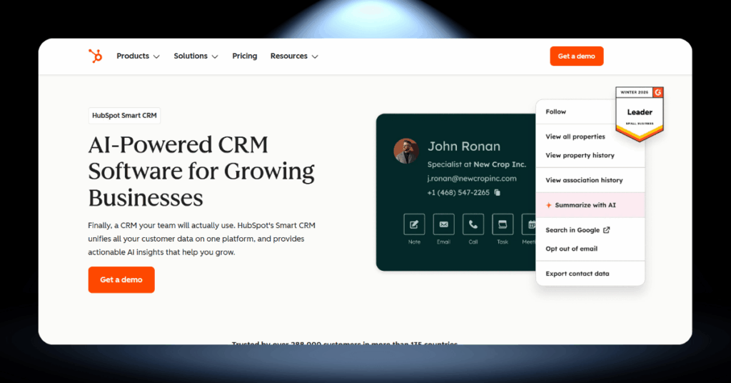 HubSpot Smart CRM interface showing AI-powered contact management with property views, email integration, and Google search