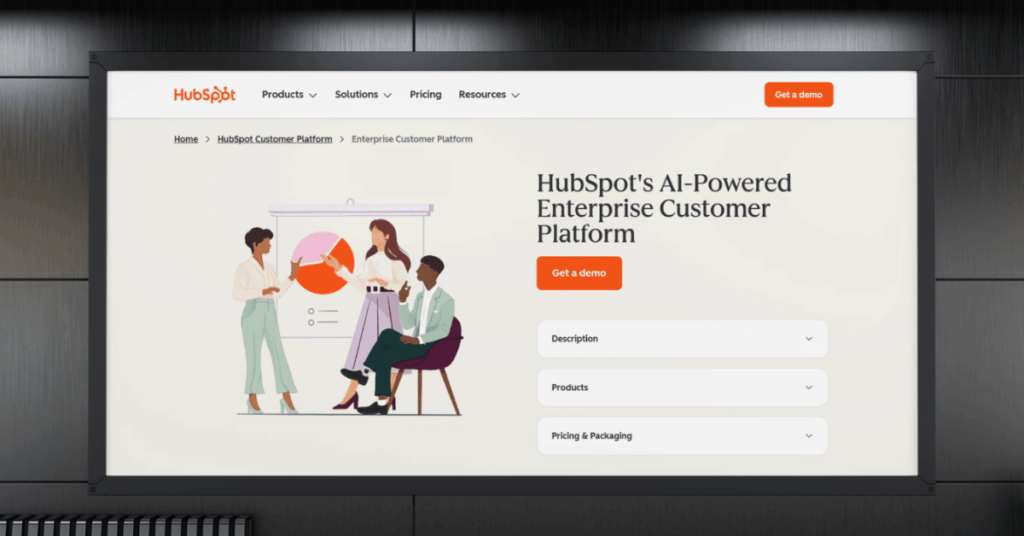 HubSpot Enterprise Customer Platform page with product description, demo request, and pricing packaging options