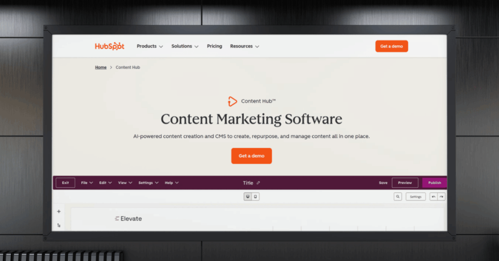 HubSpot Content Hub page promoting AI-powered content creation with CMS editor and blog publishing tools
