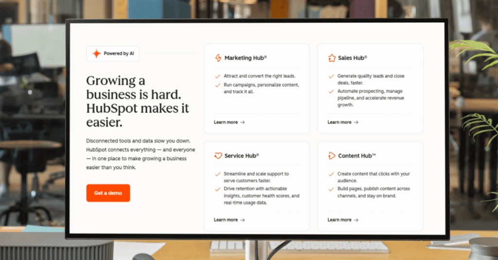 HubSpot platform overview showing Marketing Hub, Sales Hub, Service Hub, and Content Hub with AI-powered features