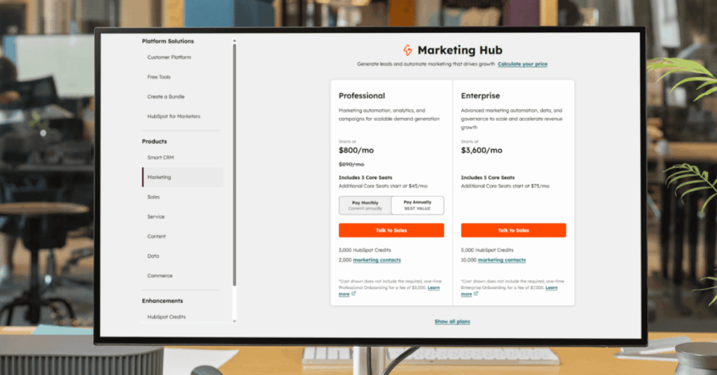 HubSpot Marketing Hub pricing page comparing Professional at $800 per month and Enterprise at $3,600 per month
