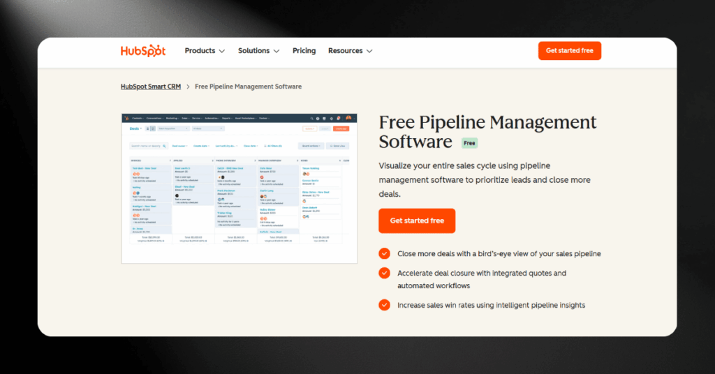 HubSpot Sales Hub free pipeline management tool with visual deal tracking and automated workflow features