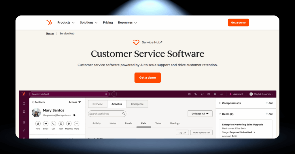 HubSpot Service Hub interface displaying customer contact record with activity timeline, deals, and call logging