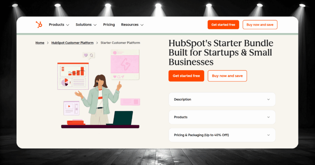 HubSpot Starter bundle page built for startups and small businesses with up to 40 percent off packaging options