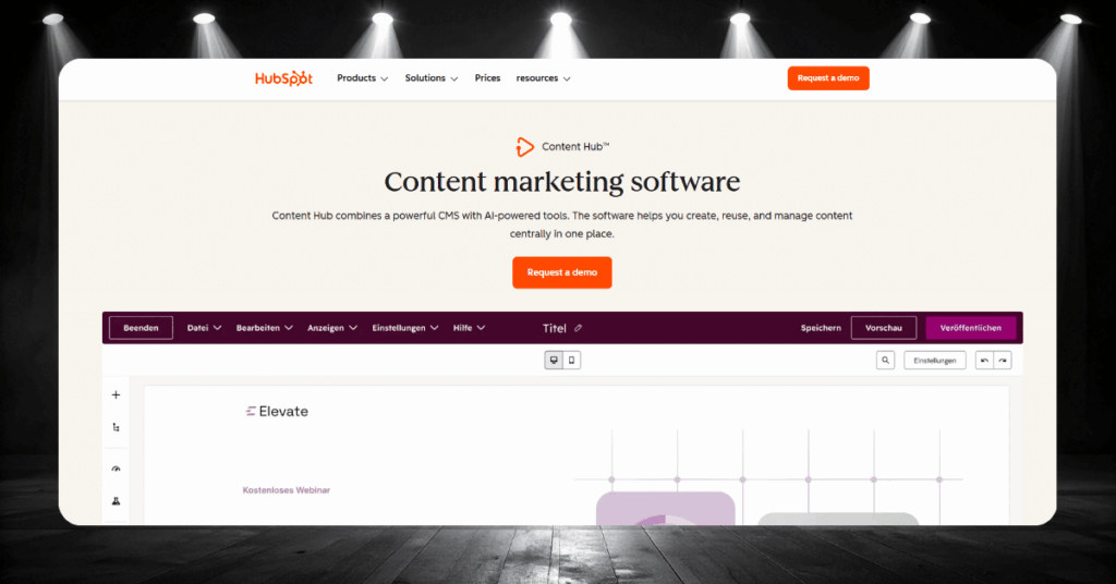 HubSpot Content Hub page editor showing a content marketing software interface with a live page preview and publish controls
