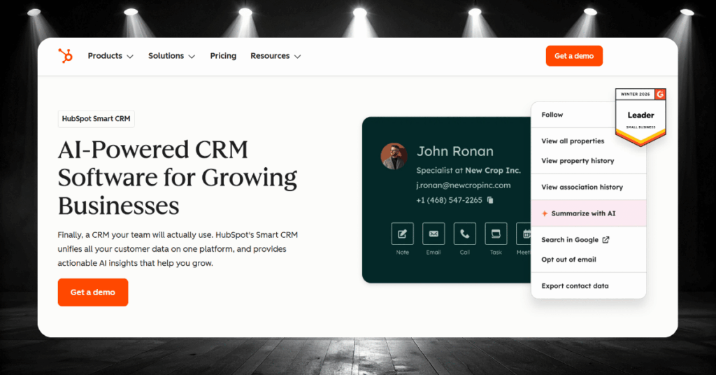 HubSpot Smart CRM page for growing businesses with an AI-powered contact record showing actions like Summarize with AI