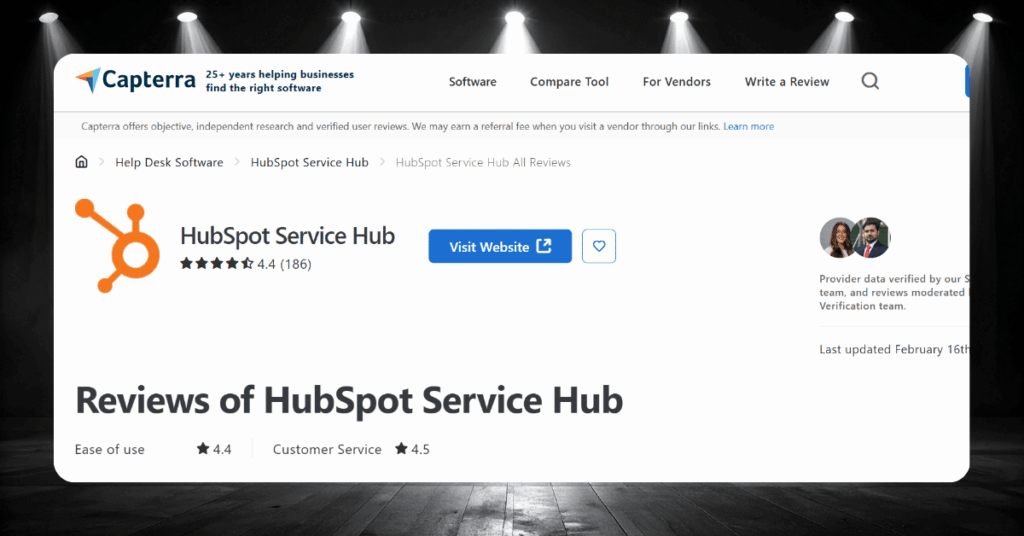  HubSpot Service Hub listing on Capterra with a 4.4 star rating from 186 verified user reviews
