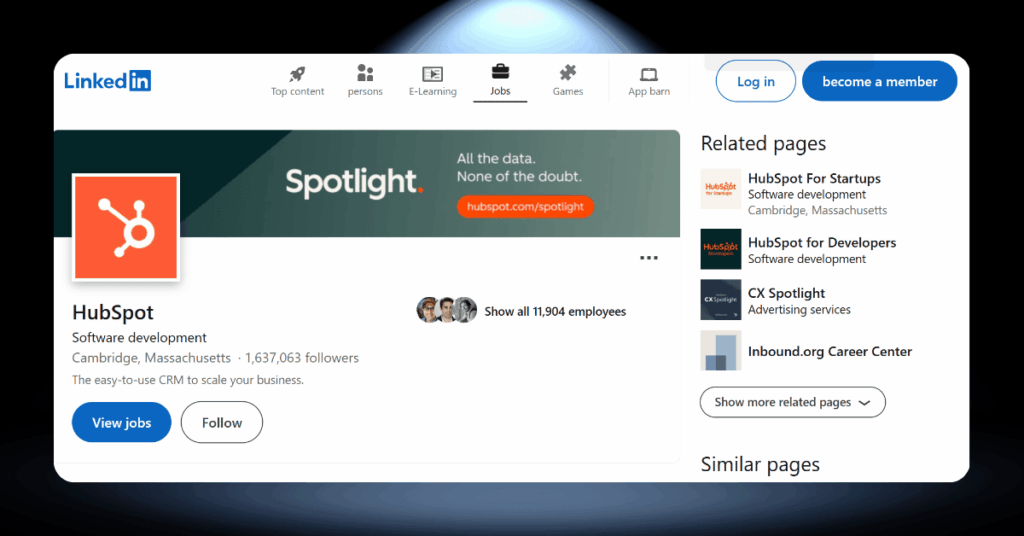 HubSpot company profile on LinkedIn showing follower count, employee numbers, and related business pages